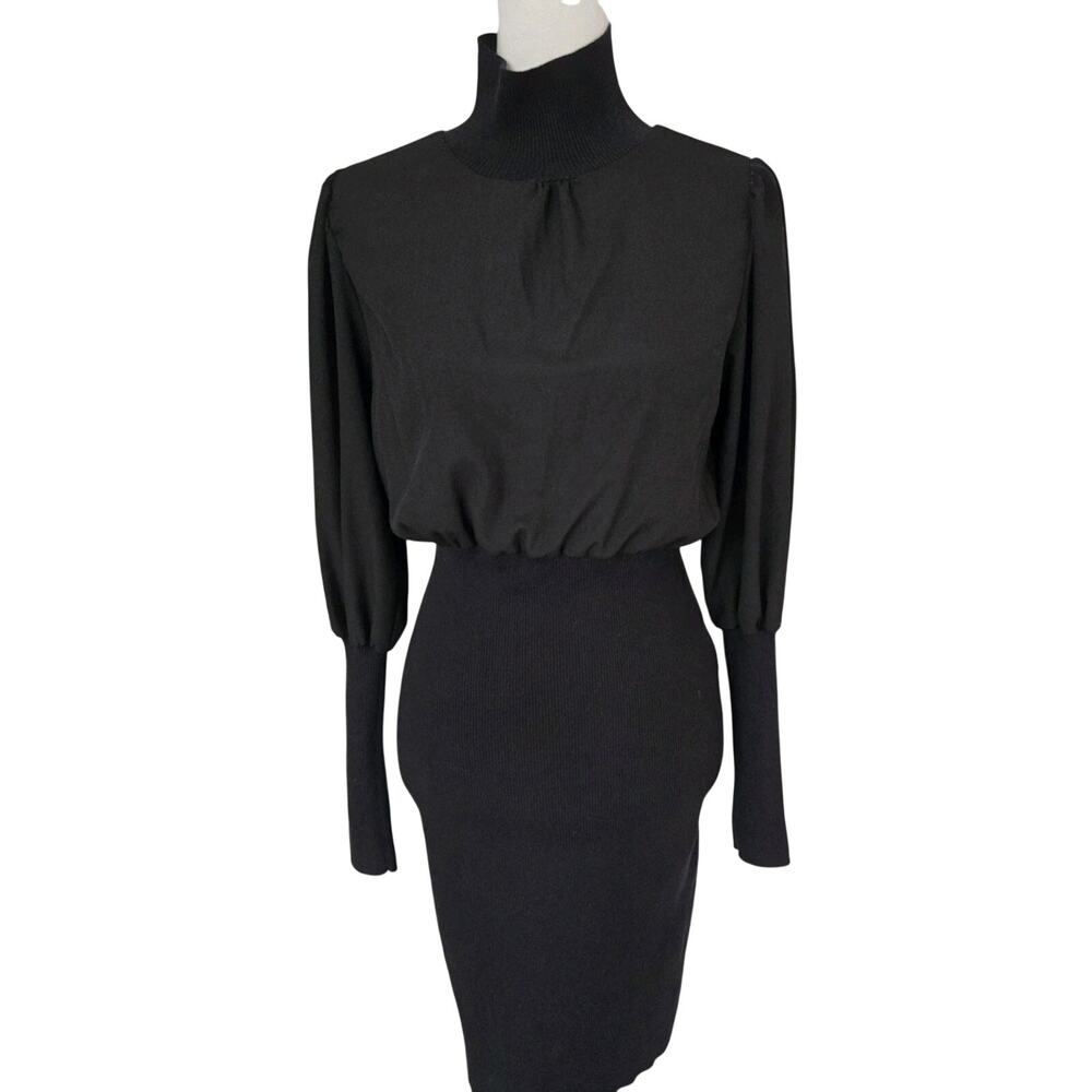 French Connection Krista Knit High Neck Balloon Sleeve Black Knit Dress Sz S